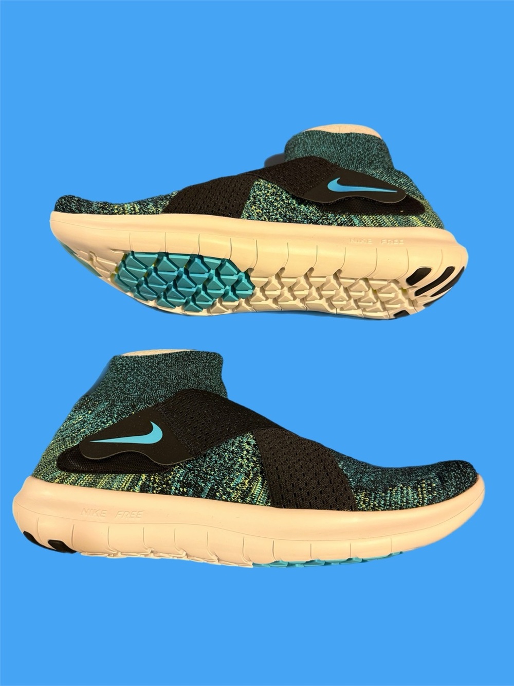 Nike FreeMotion RN Flyknit Black Blue Multicolored Slip-On Athletic Shoes Sz 10